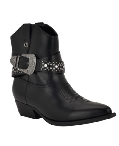 GUESS Women's Lansly Embellished Buckle Western Booties