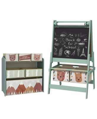 Qaba Kids Toy Organizer and Kids Easel Set with 6 Storage Bins, Paper Roll