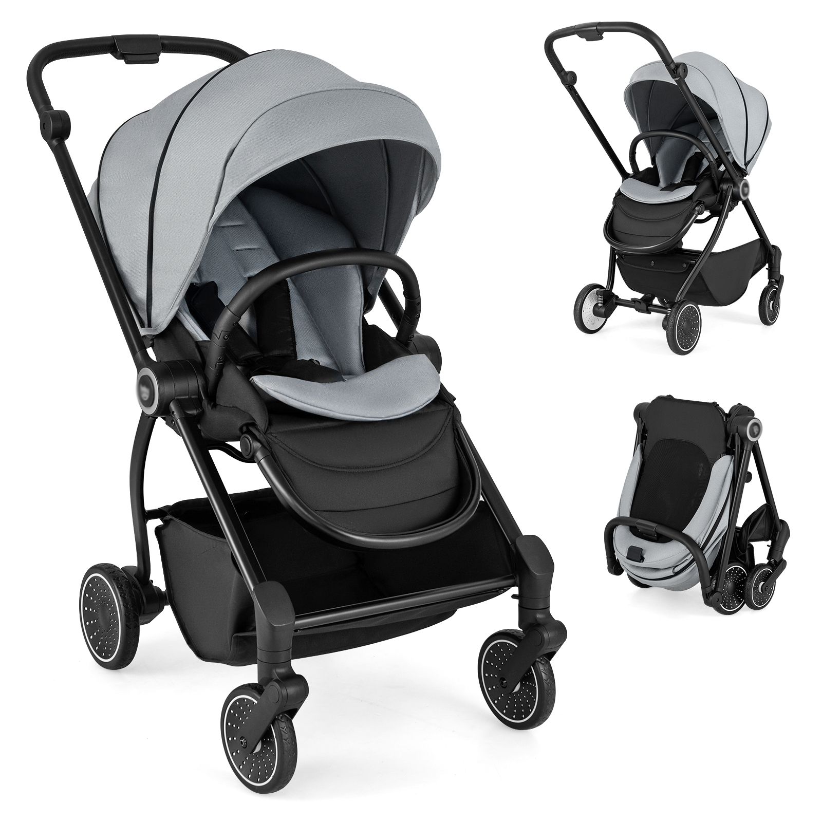 Slickblue Foldable Infant Pram Stroller with Reversible Seat Reclining Backrest