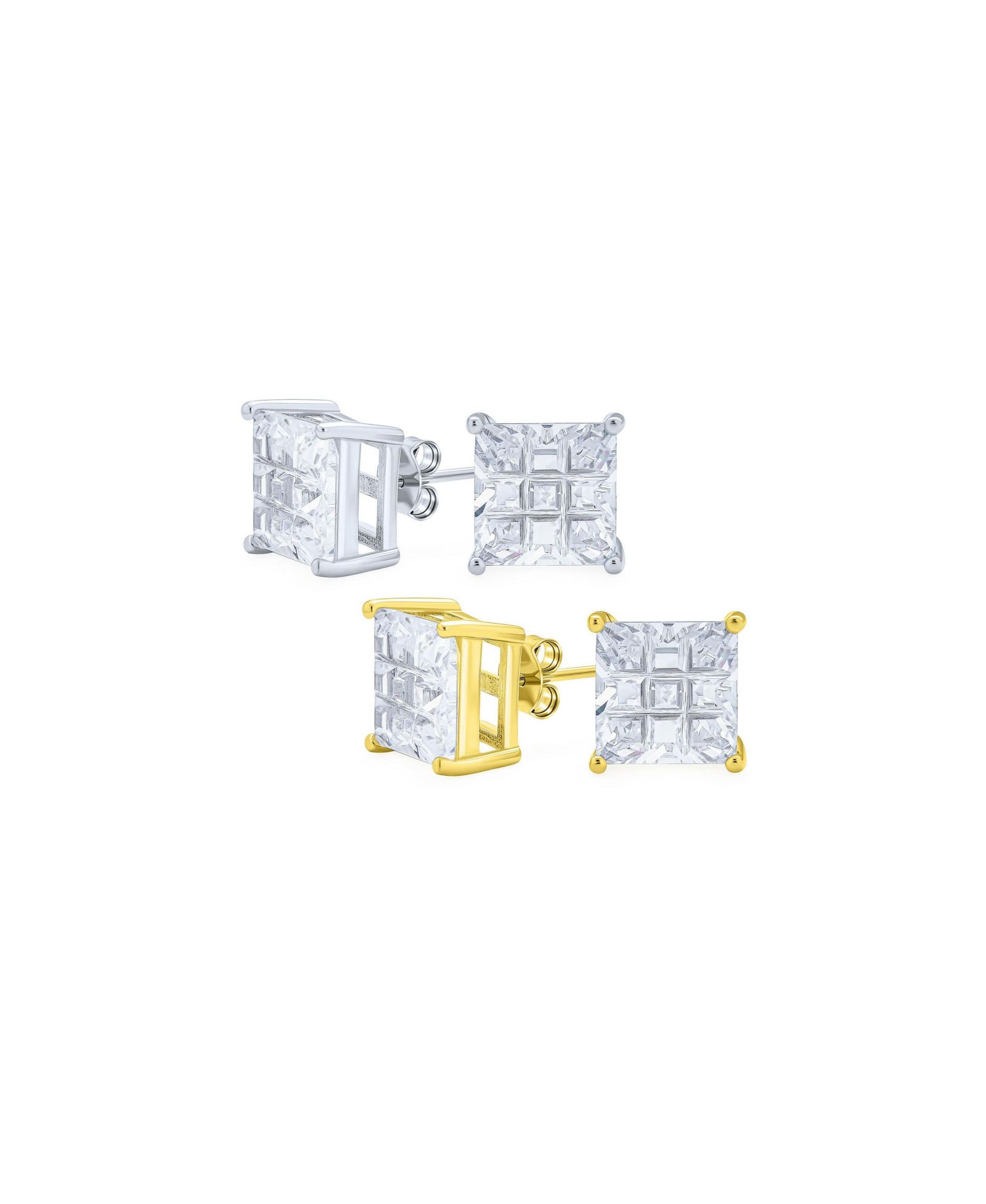 Bling Jewelry Set of 2 Invisible Cut Square CZ Checkboard Stud Earrings