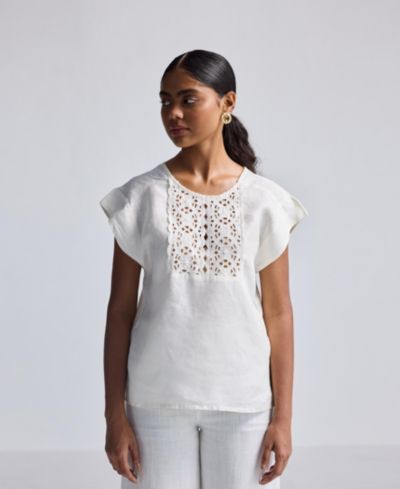 Reistor Women's Boxy Top with Embroidered Lace Detail