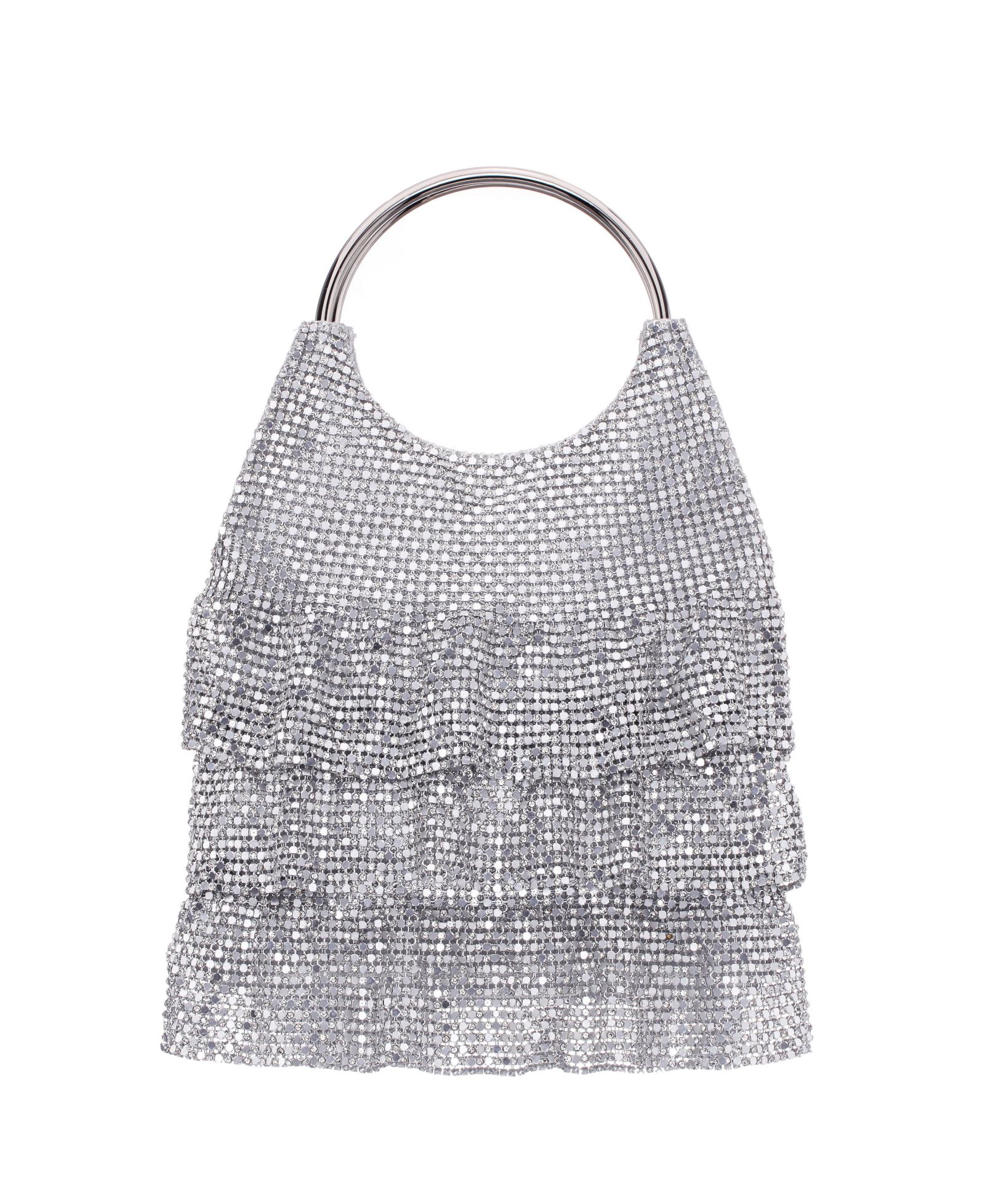 Nina 3-Tiered Crystal Mesh Ruffle Pouch Bag
