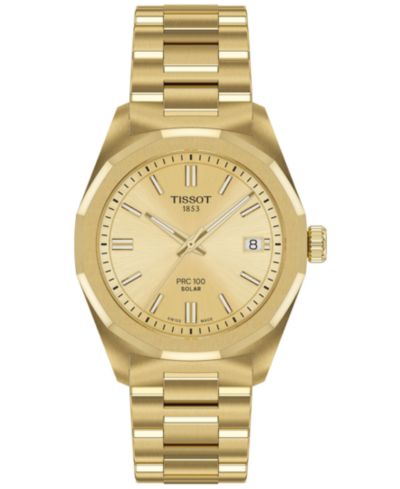 Tissot Женские швейцарские часы PRC 100 Solar, стальной браслет в золотом цвете, 34mm