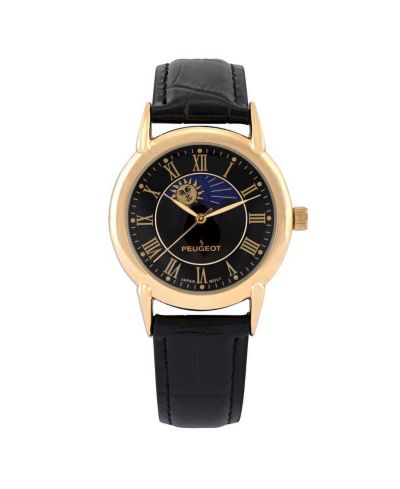 Peugeot Men's 40mm Vintage Black Dial Sun Moon Black Leather Strap Watch