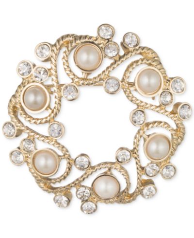 Брошь Anne Klein Gold-Tone Imitation Pearl and Crystal Wreath