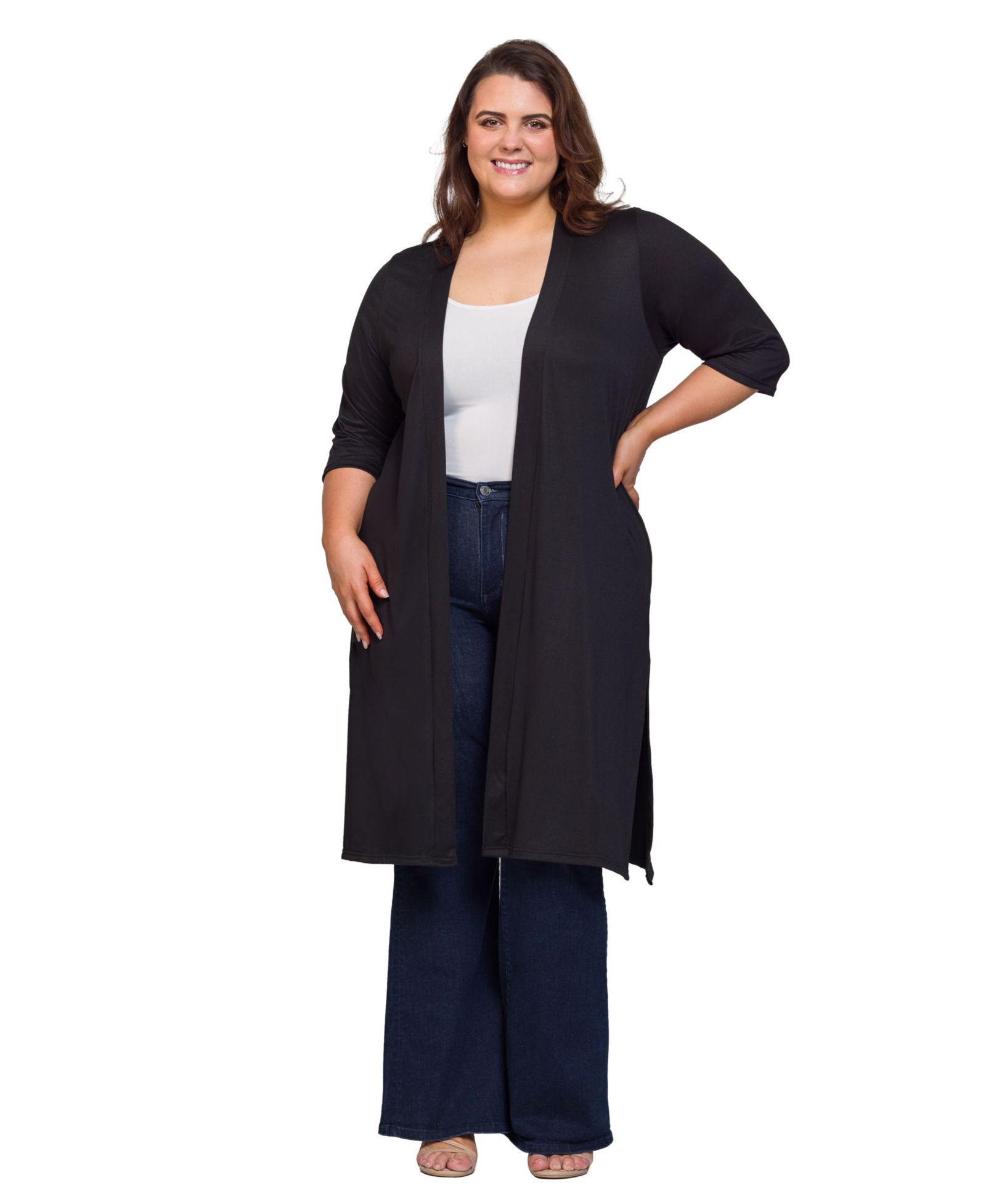 24seven Comfort Apparel Plus Size Knee Length Duster Cardigan Sweater