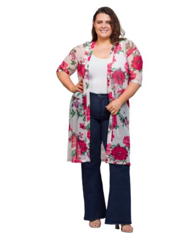 Кардиган 24seven Comfort Apparel Plus Size Sheer Floral Knee Length Duster Sweater