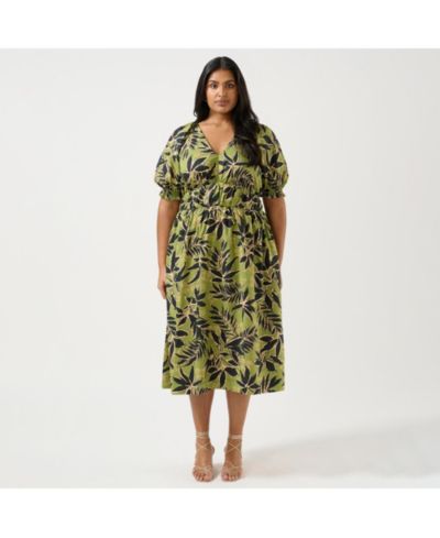 ESTELLE Women's Wildleaf Print Cotton Fit Flare Midi Dress