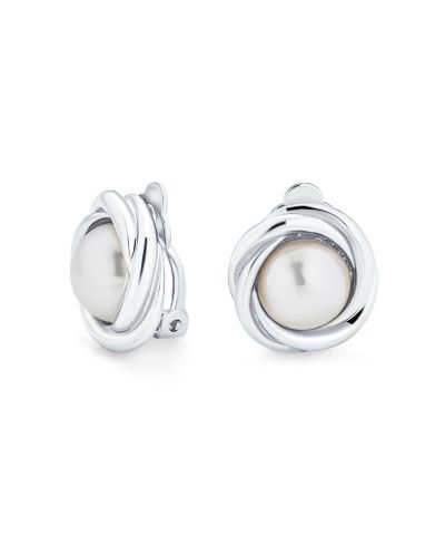 Bling Jewelry Classic Faux White Pearl Clip On Earrings Cable Bezel Set Gold Plated