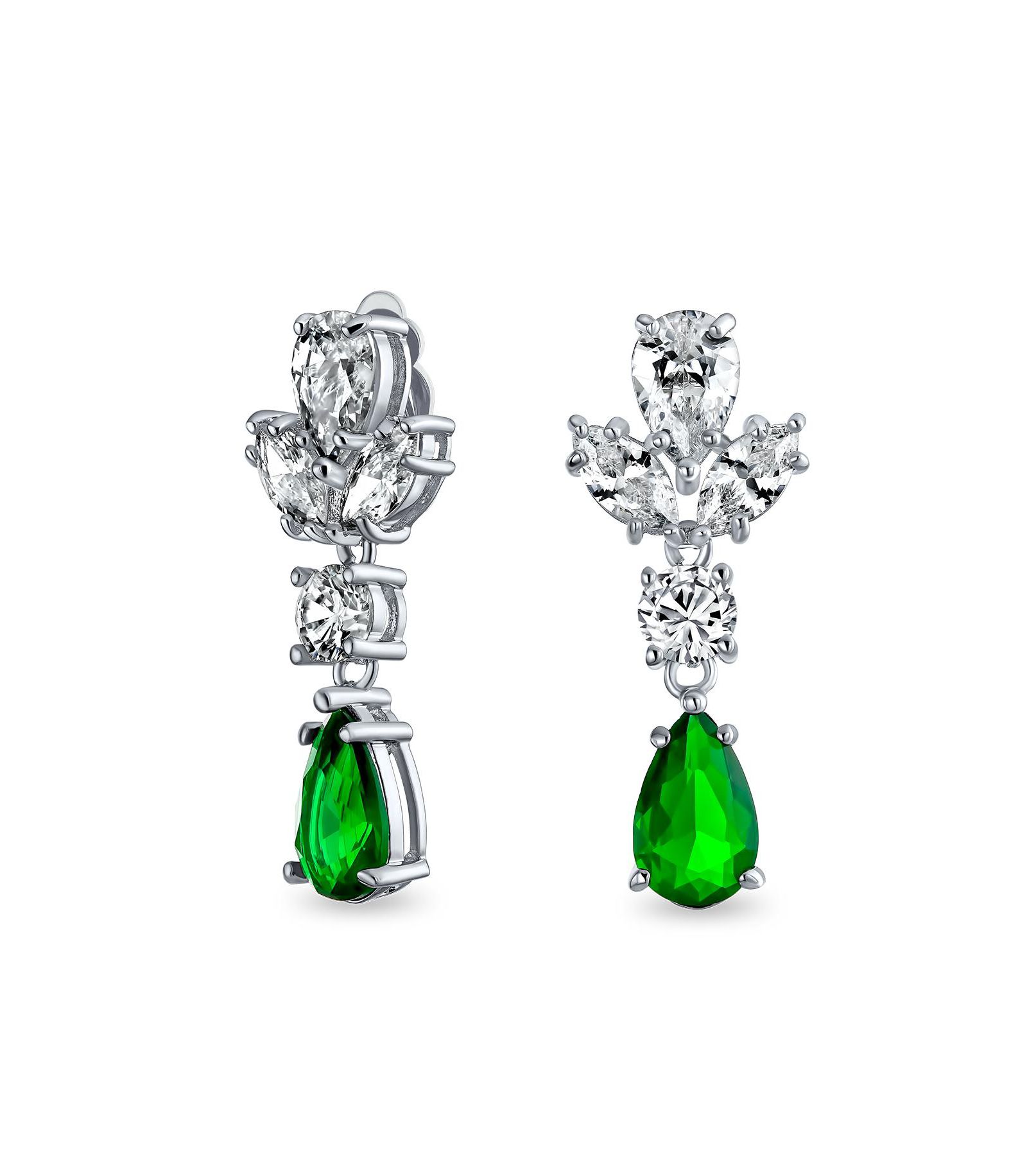 Bling Jewelry Vintage Cocktail Aqua CZ Leaf Dangle Teardrop Chandelier Clip On Earrings