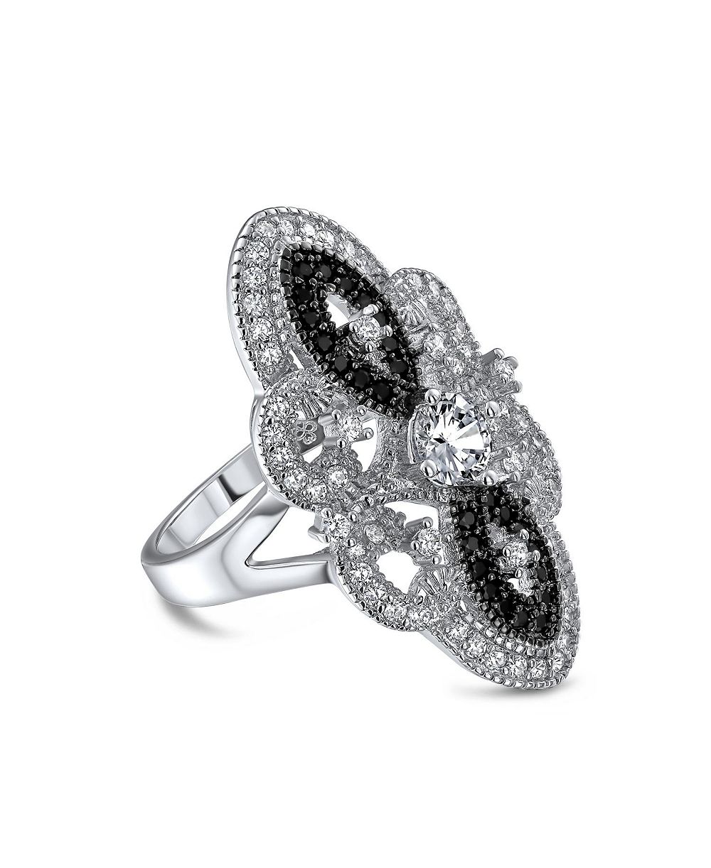 Bling Jewelry Art Deco Style Black and White CZ Statement Full Finger Ring Silver Plated