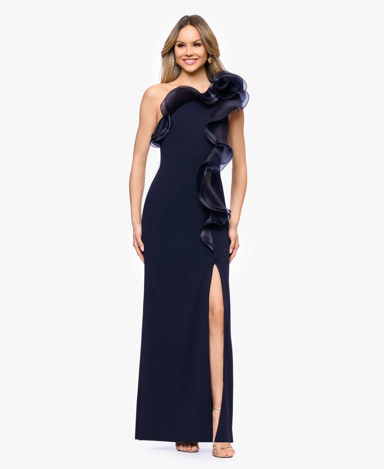 Женское длинное платье Betsy & Adam Scuba Crepe Organza-Ruffle