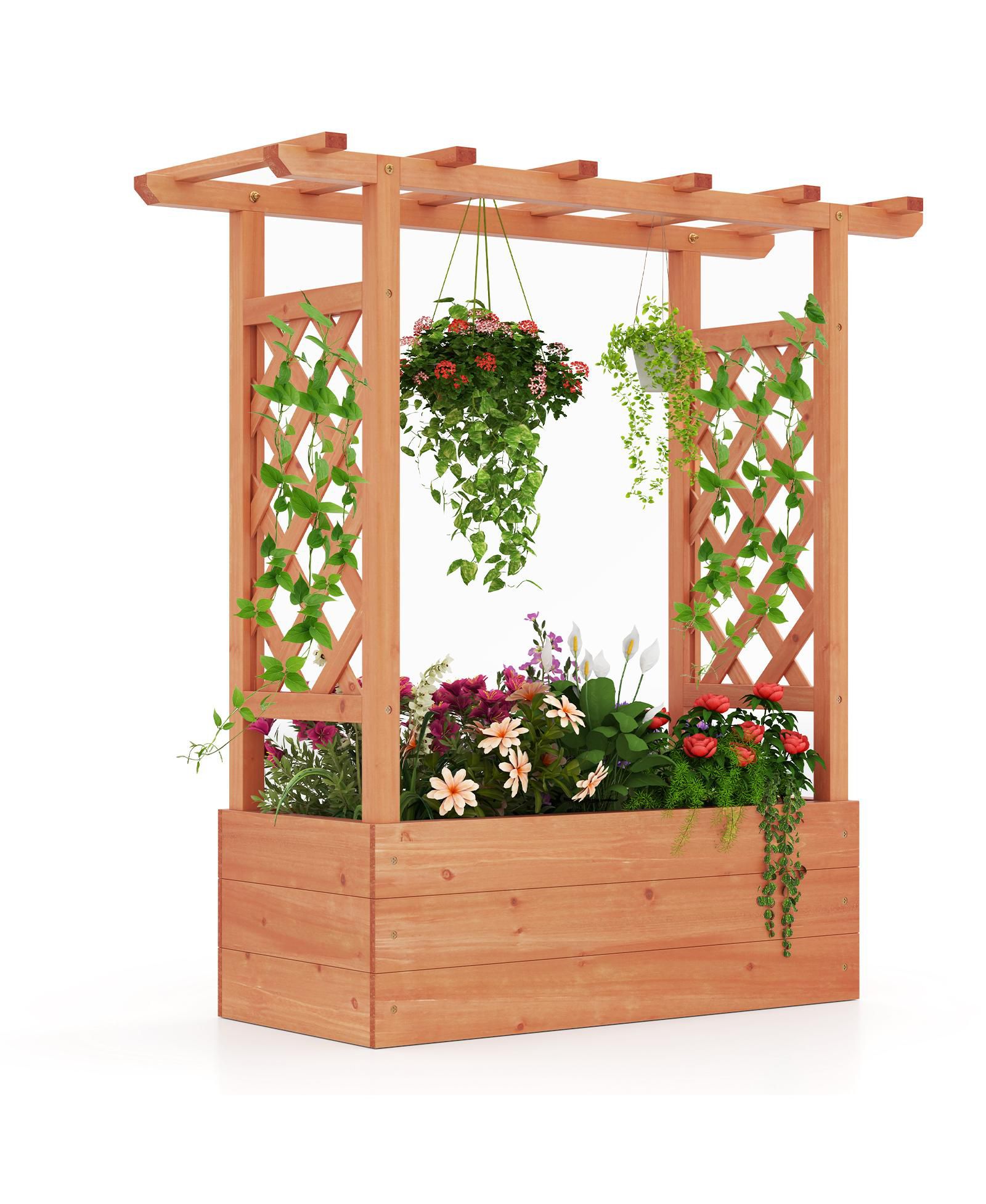 Raised Garden Bed Elevated Planter Box with Trellis and Hanging Roof