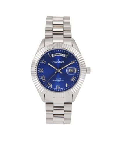 Peugeot Men's 40mm Blue Face Fluted Bezel Steel Bracelet Watch