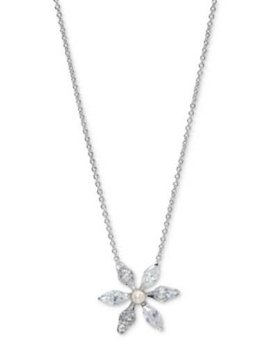 Eliot Danori Cubic Zirconia & Imitation Pearl Flower Pendant Necklace, 16" + 2" extender, Exclusively at Macy's