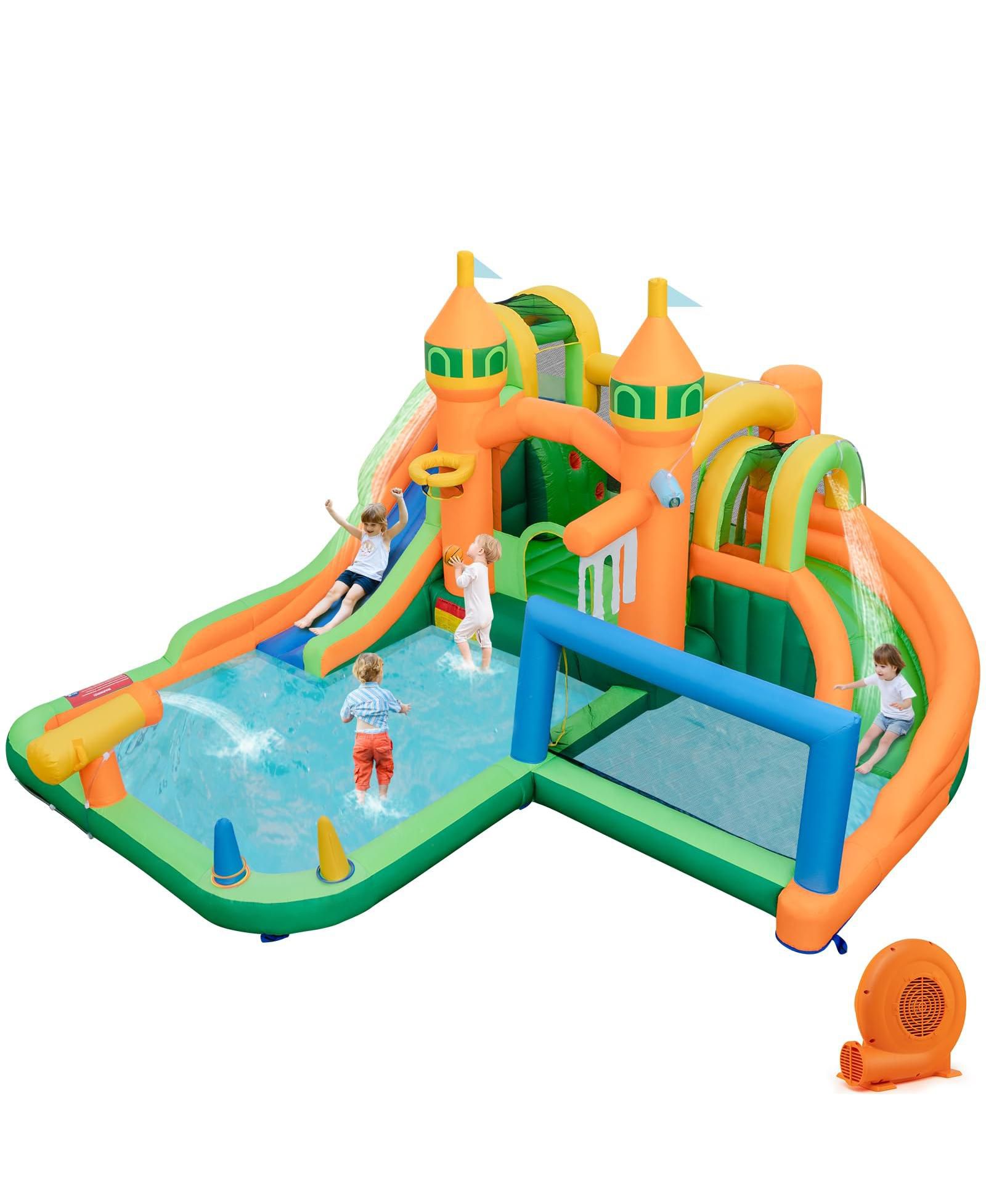 Надувной водный горка Mecale Kids Inflatable Water Slide с футбольными воротами и воздуходувкой 750W