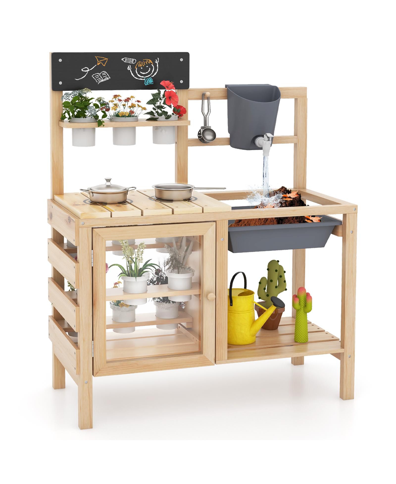 Kids Light Brown Mud Kitchen Playset with Sink and Plant Observation Room
