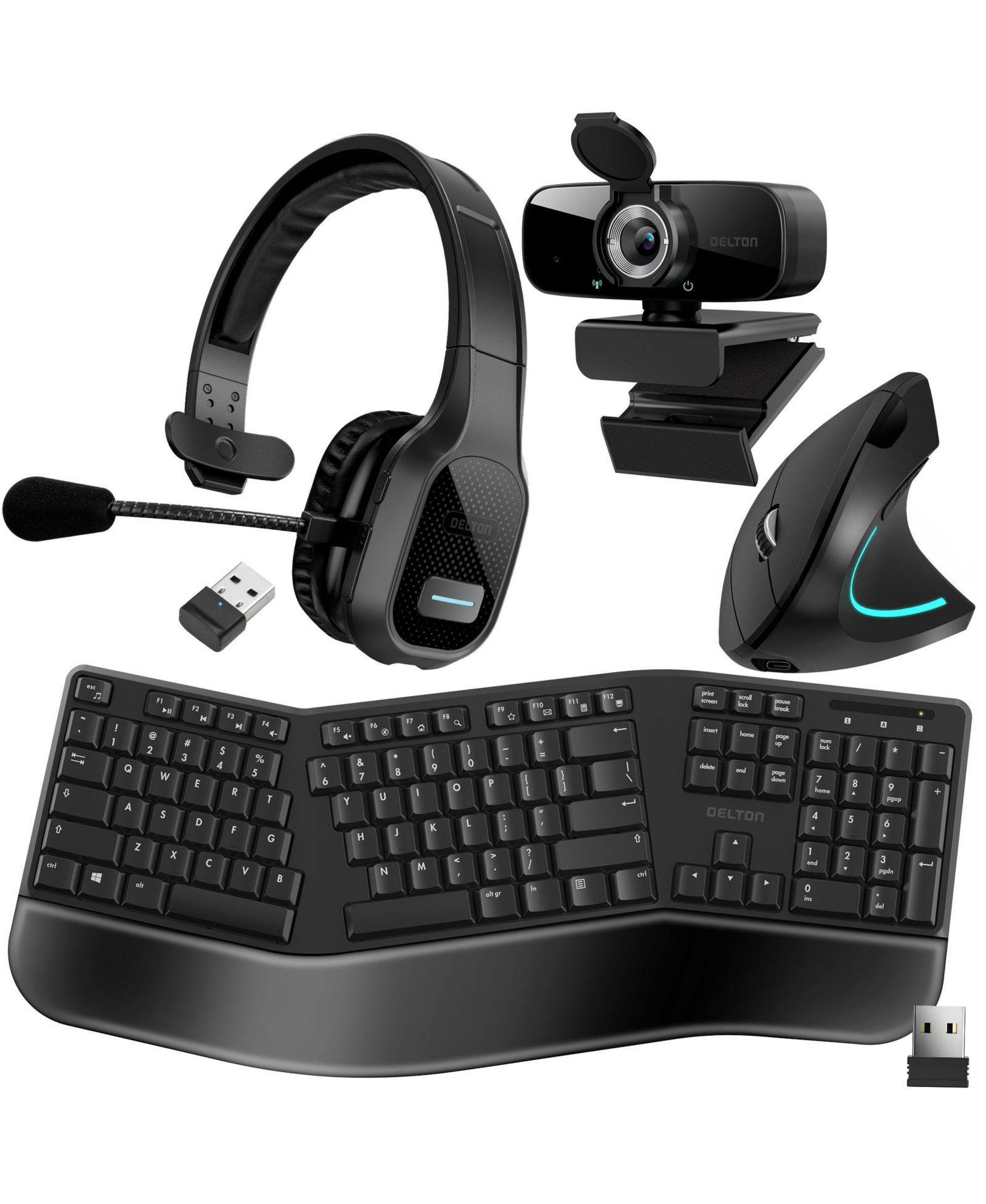 Delton 20X Wireless Computer Headset with Noise Cancelling Mic, Bluetooth Headphones Kit includes 1080p HD Webcam and Ergonomic Vertical Mouse and Keyboard, Compatible with Windows/Linux/Mac/PC/Laptop