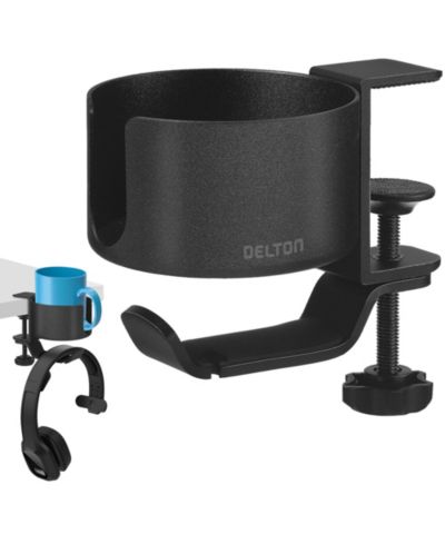 Delton H22 360-Degree Rotating Desk Cup Holder with Headphone Stand, Compatible with Universal Headsets