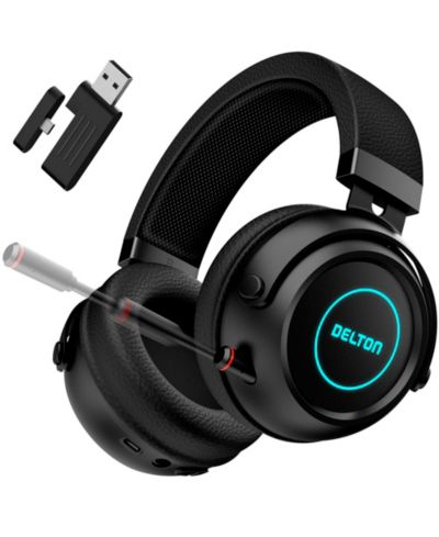 Delton Wireless Gaming Headset with Retractable CVC Mic, Auto Pair USB Dongle, 35 hrs Talk time, Fast Charging Gaming Headphones with RGB Light for PC/Laptops, Tablets, Smartphones and More - Black
