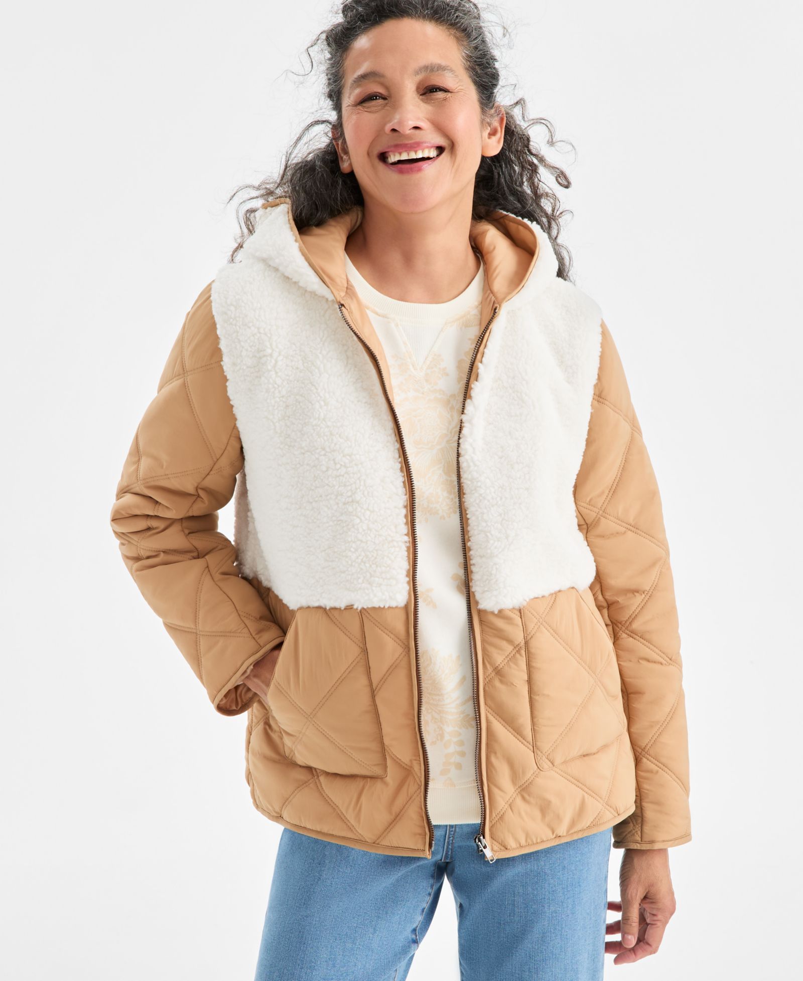 Style & Co Petite Mixed Media Sherpa Jacket, Macy's Exclusive