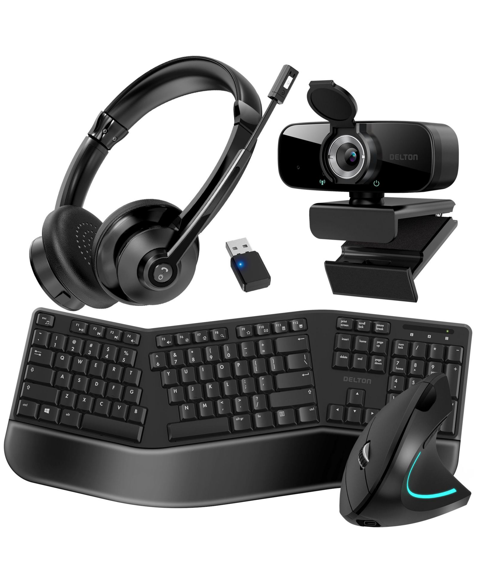 Delton Ergonomic Split Keyboard, Vertical Mouse, 1080p Webcam, and Bluetooth Headset, 4-Piece Set for PC/Laptop