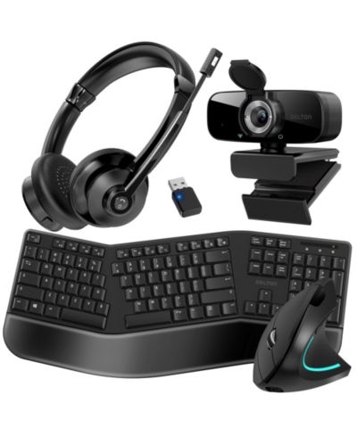 Delton Ergonomic Split Keyboard, Vertical Mouse, 1080p Webcam, and Bluetooth Headset, 4-Piece Set for PC/Laptop