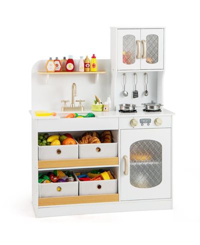 Children White Play Kitchen Set with Cooking Accessories and Cuttable Toy Food