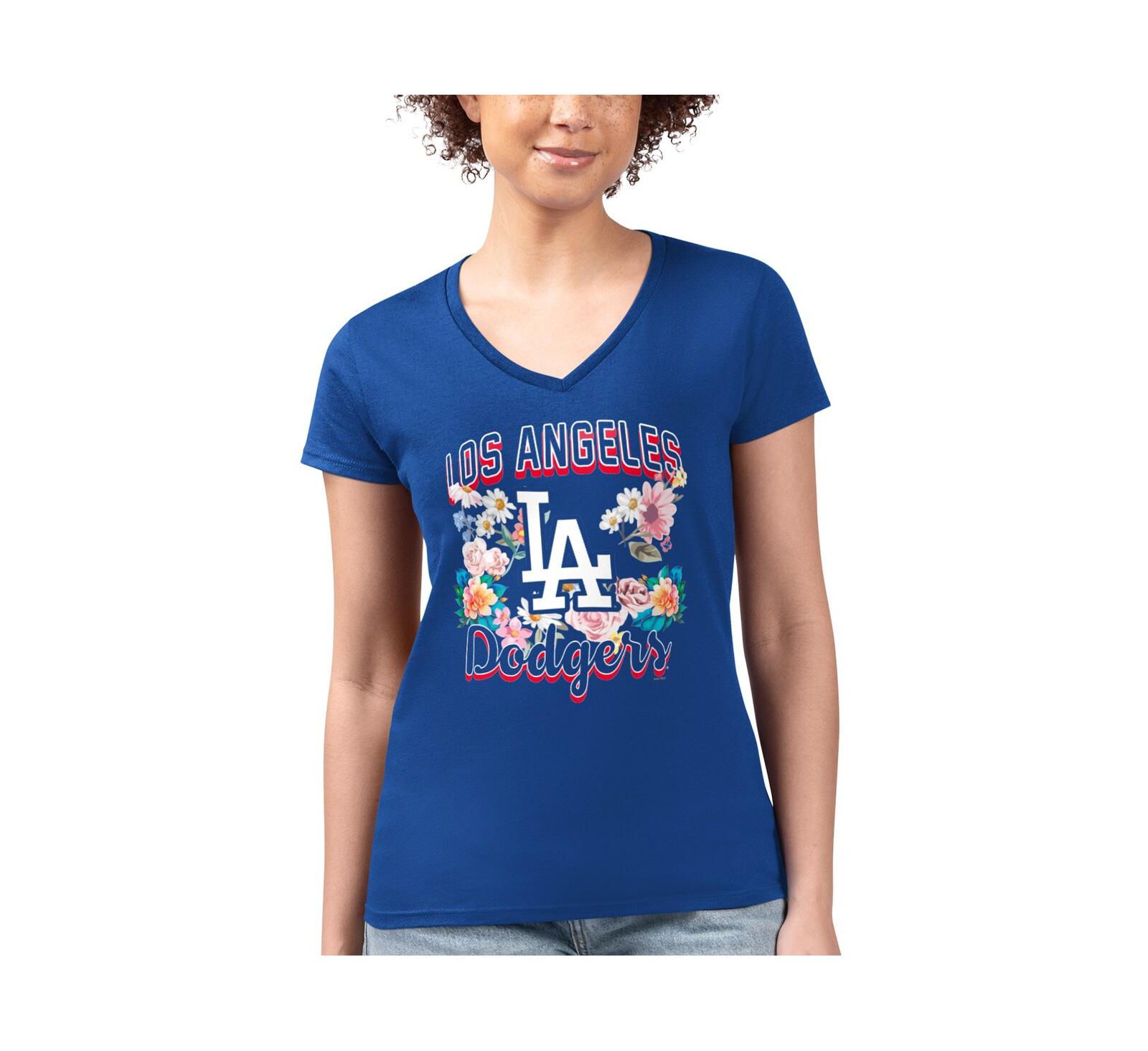 G-III 4Her by Carl Banks Women's Royal Los Angeles Dodgers Flowers Graphic Fitted V-Neck T-Shirt