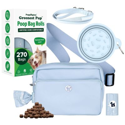 Puppington Walk Star Kit: 3-in-1 Dog Walk Bag, Bowl, & Leash plus Matching 270 Refill Dog Poop Bags