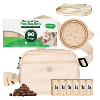 Walk Star Kit: 3-in-1 Dog Walk Bag, Bowl, & Leash plus Matching 90 Refill Dog Poop Bags