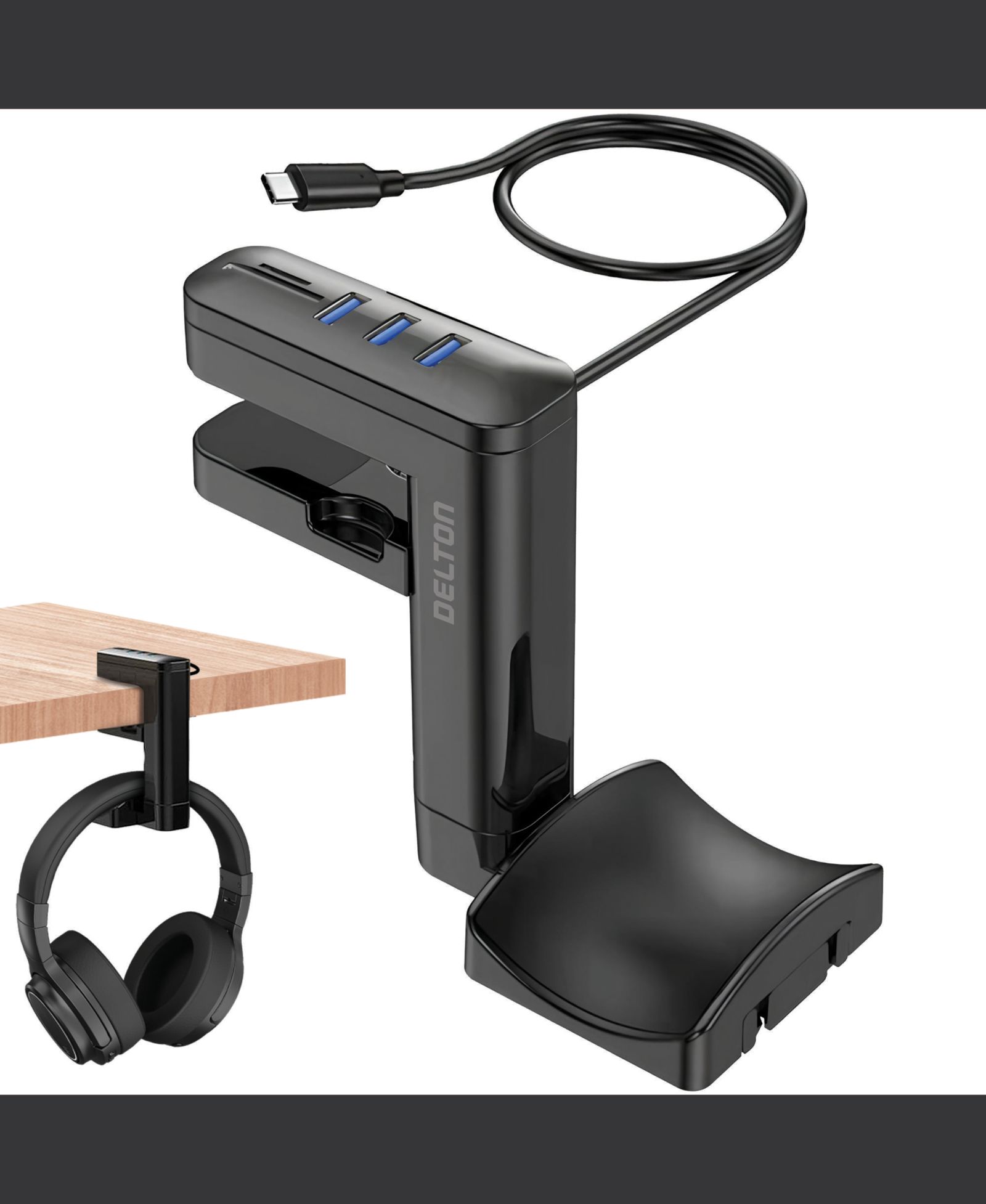 Delton HS7 360° Rotating USB Charging Headset Holder for Laptops