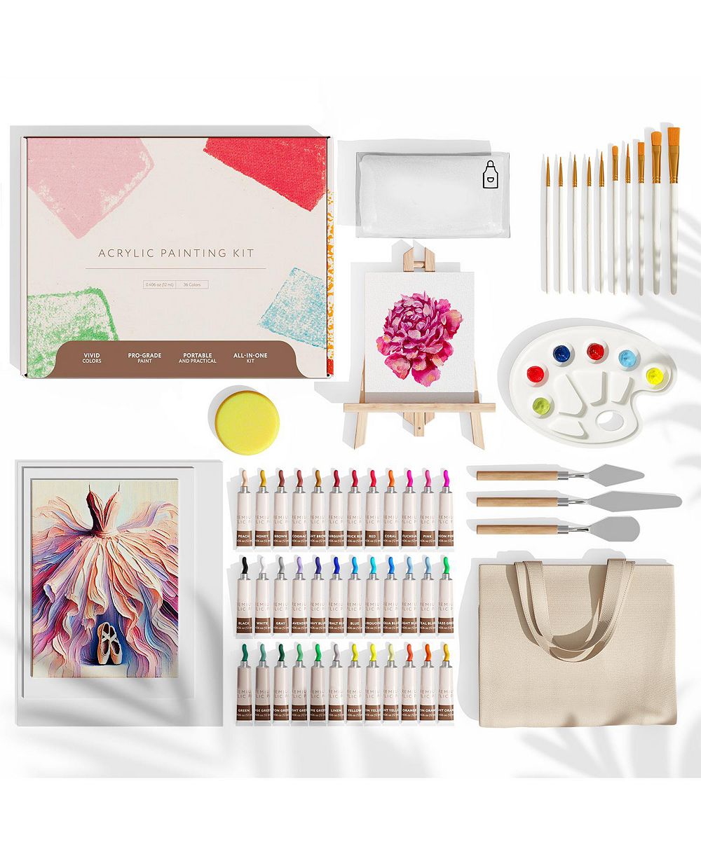 Hearth & Harbor 58-Piece Acrylic Paint Set with 36 Colors (12ml), Apron, Easel, 4 Canvases, 10 Brushes, and Accessories