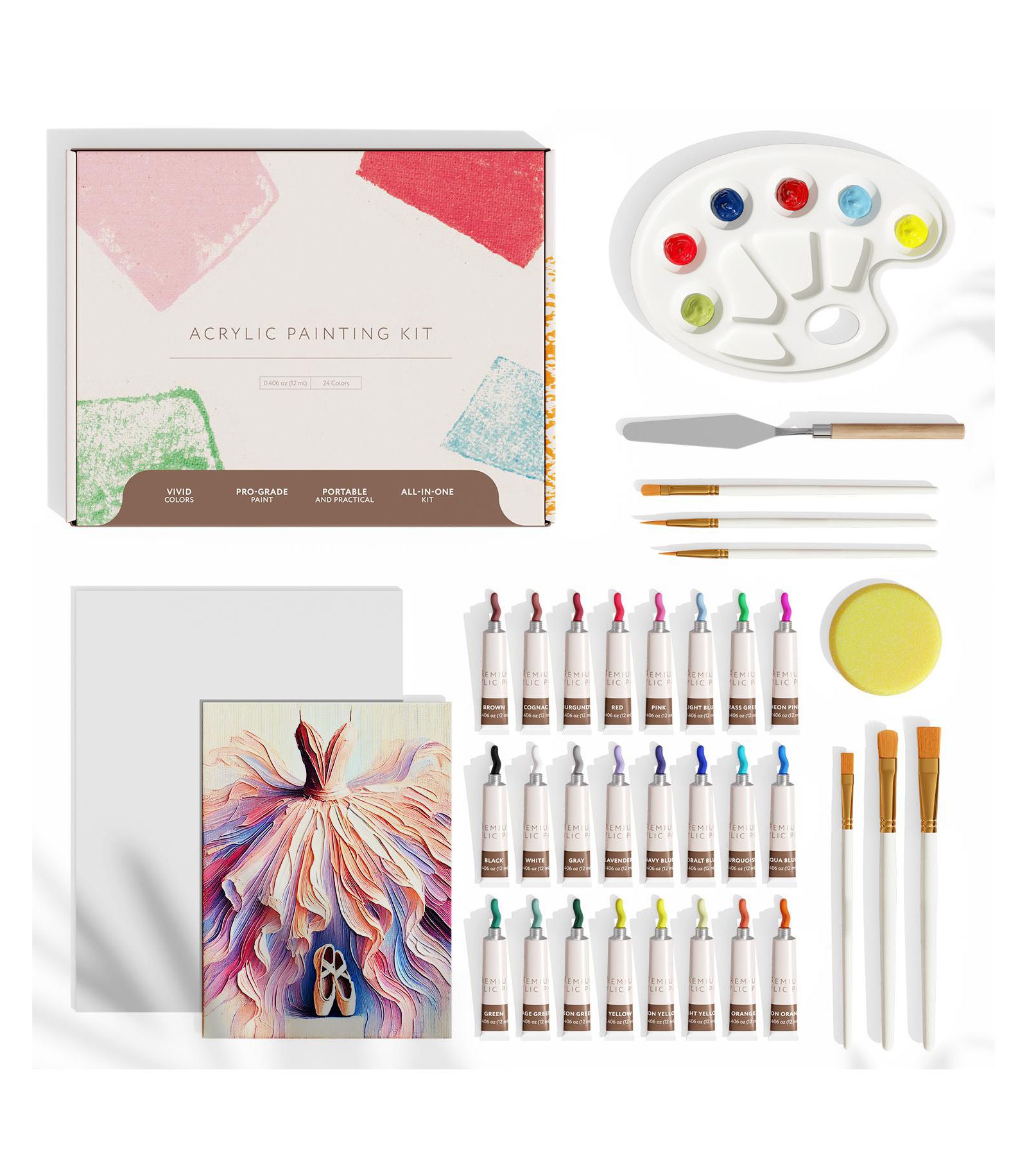 Hearth & Harbor 34-PC Acrylic Paint Set - 24 Colors (12ml) Acrylic Craft Paint, 2 Canvases, 5 Paint Brushes, Painting Pallet, Painting Knife, 1 Sponge