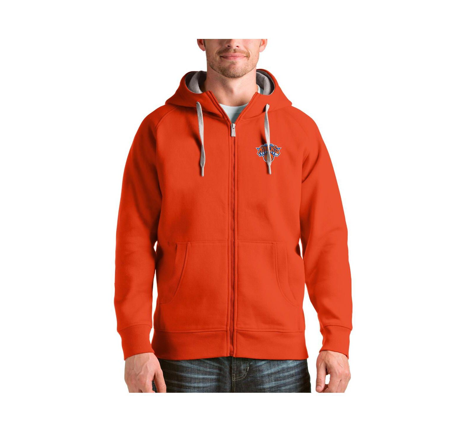 Antigua Men's Orange New York Knicks Logo Victory Full-Zip Hoodie
