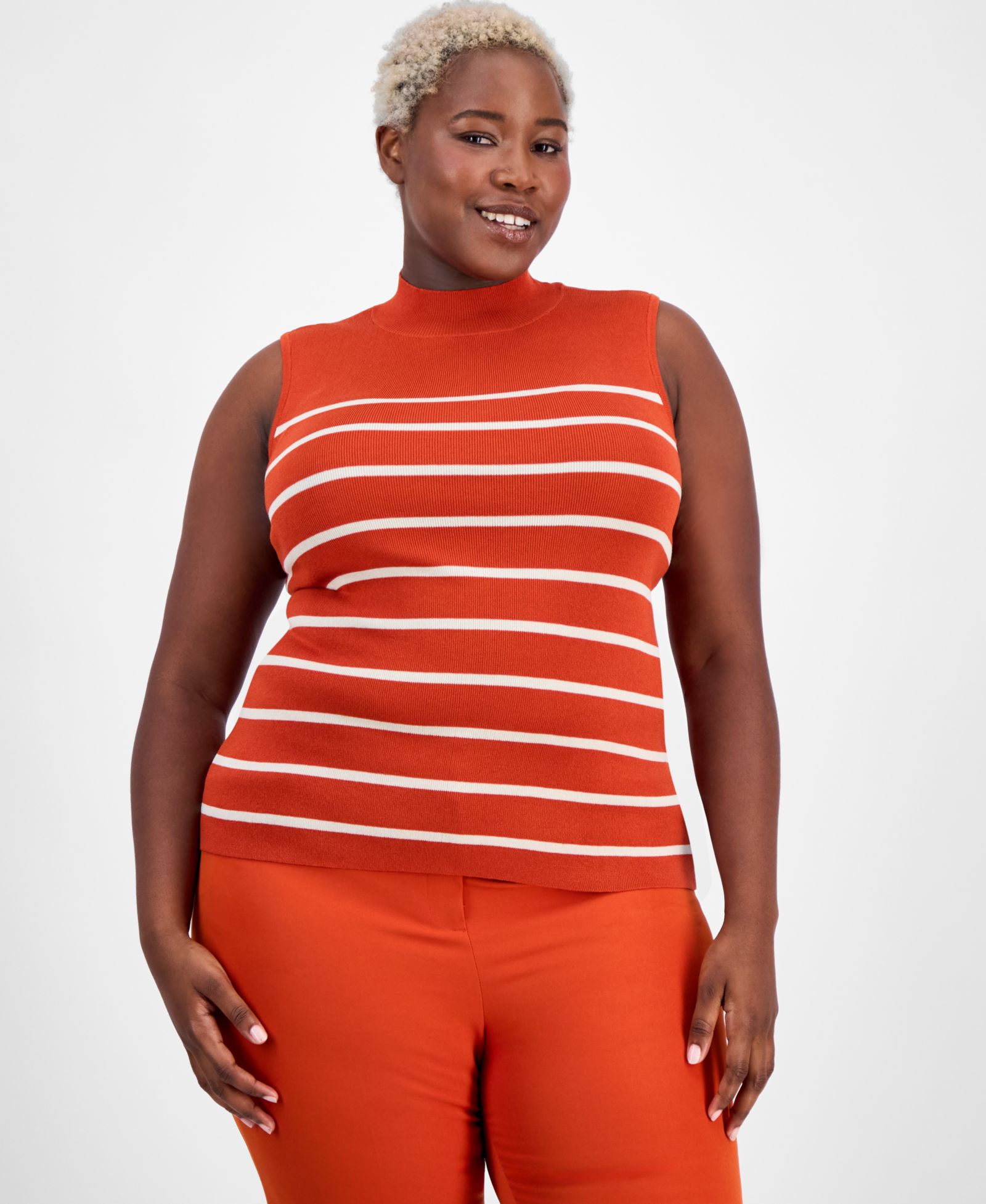 Tahari ASL Plus Size Striped Mock-Neck Sleeveless Sweater