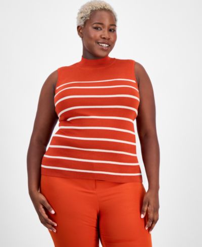 Tahari ASL Plus Size Striped Mock-Neck Sleeveless Sweater