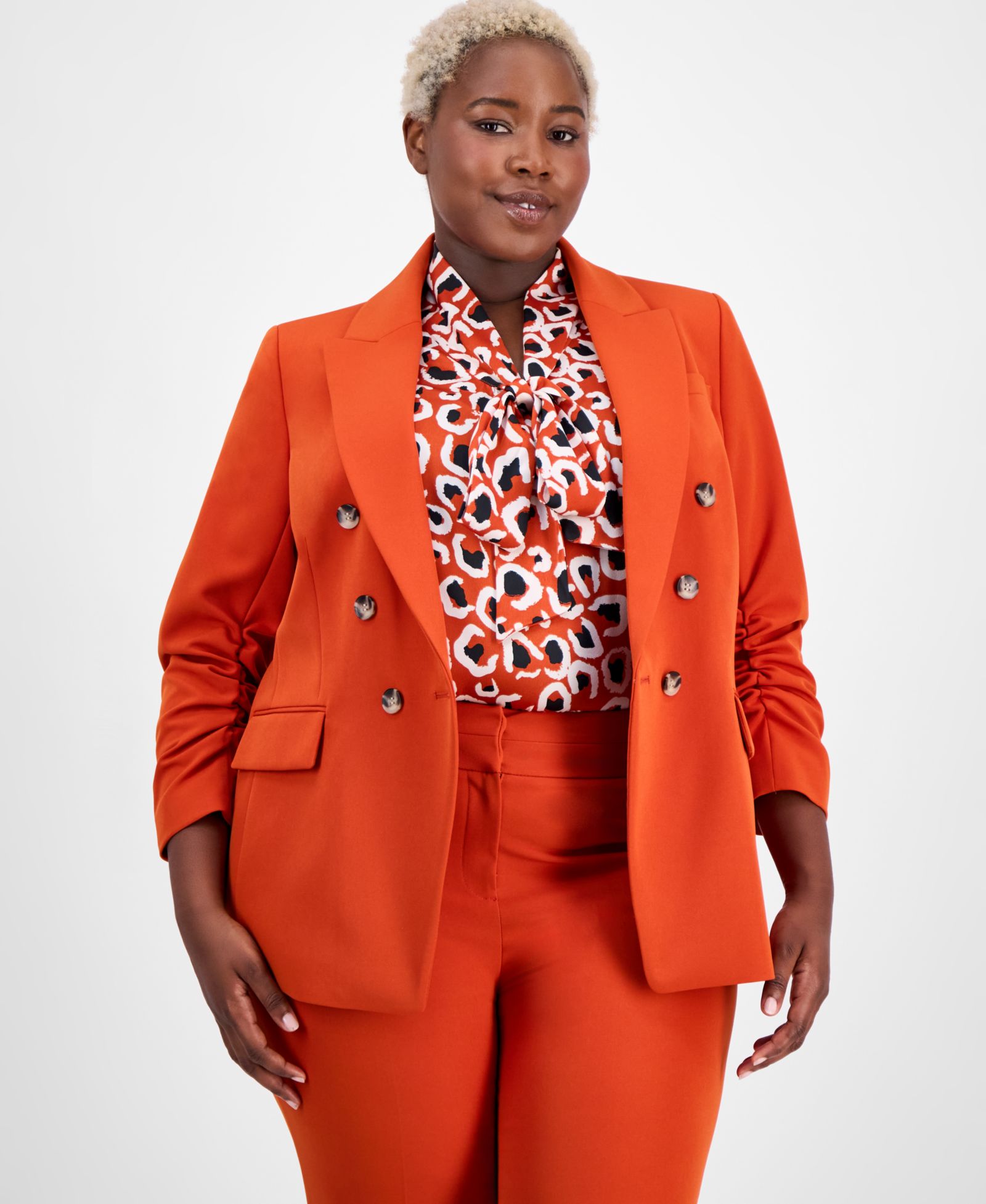 Tahari ASL Plus Size Double-Breasted Ruched-Sleeve Blazer