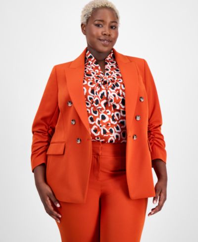 Tahari ASL Plus Size Double-Breasted Ruched-Sleeve Blazer