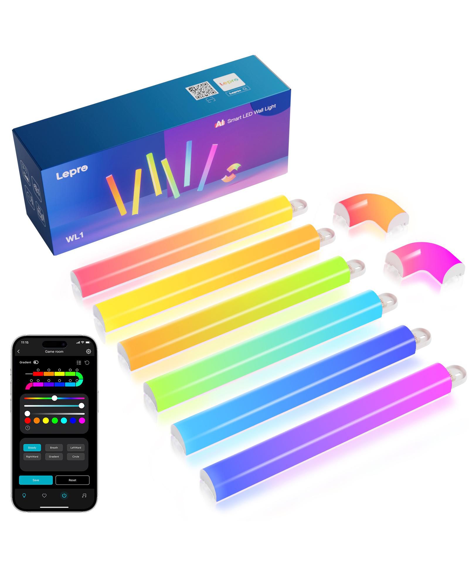 Lepro Smart RGB LED Wall Light Kit with Wi-Fi, Bluetooth App Control, Segment DIY, Alexa & Google Home Compatible – 6 Bars with 2 Corners