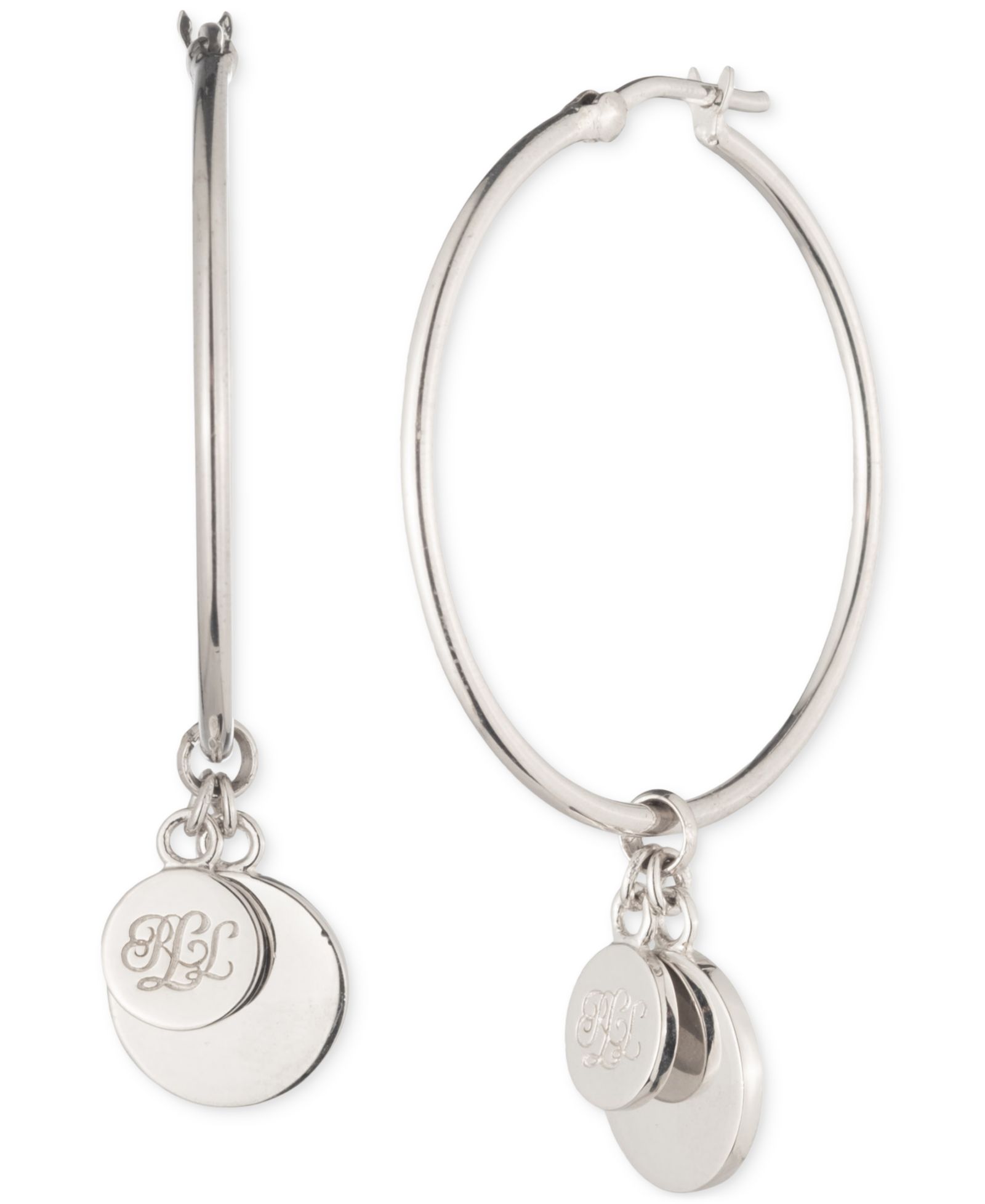 Серьги-кольца Lauren Ralph Lauren Sterling Silver Logo Drop Medium, 1.85"