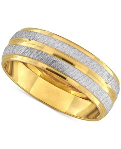 Men's Polished & Brush Textured Finish Wedding Band in 14k Two-Tone Gold