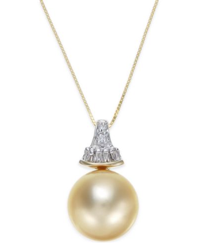 Колье-подвеска Cultured Golden South Sea Pearl (12mm) и Diamond (1/8 ct. t.w.) в 14k Gold