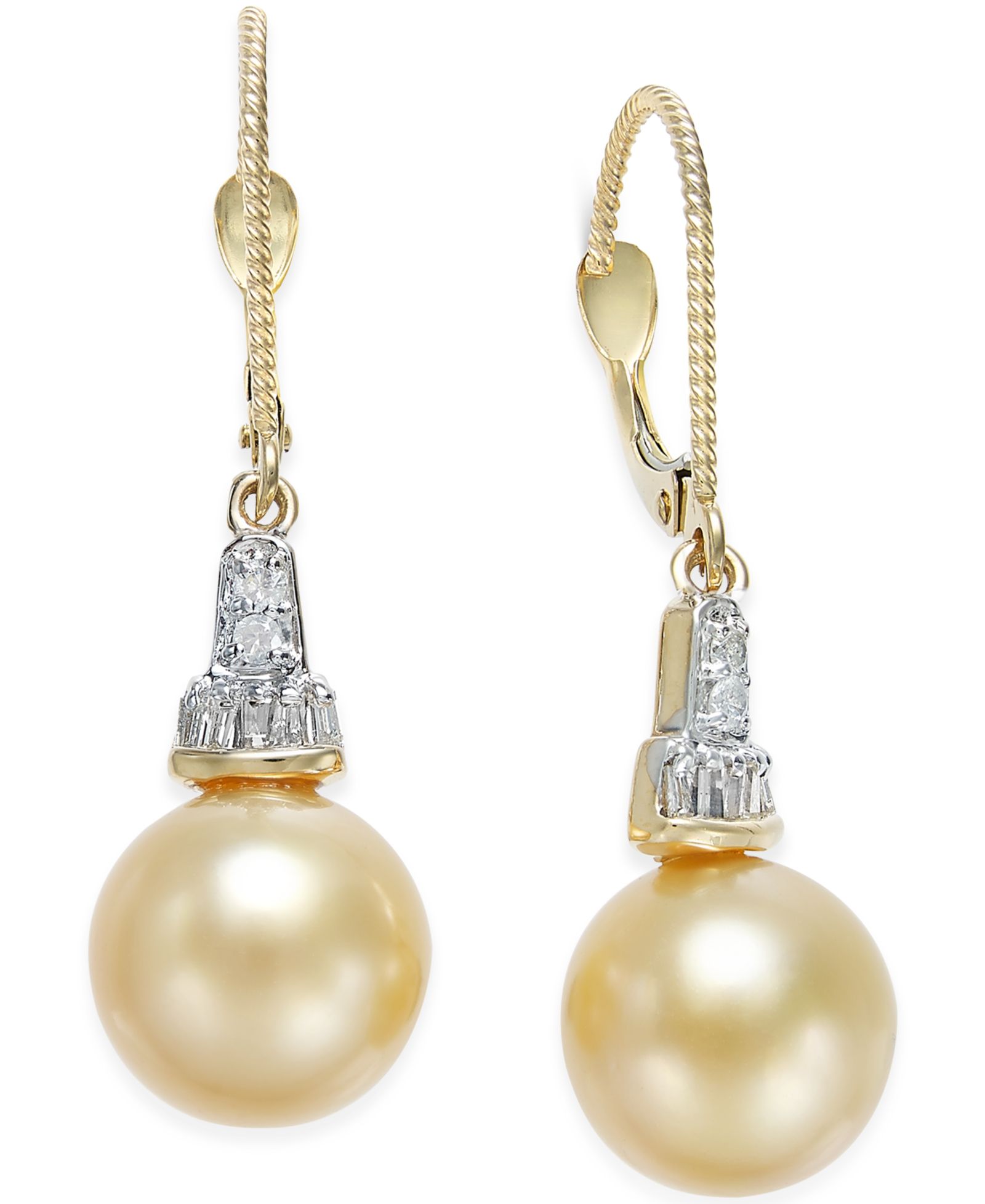 Серьги-подвески Cultured Golden South Sea Pearl (10mm) и Diamond (1/4 ct. t.w.) в 14k Gold