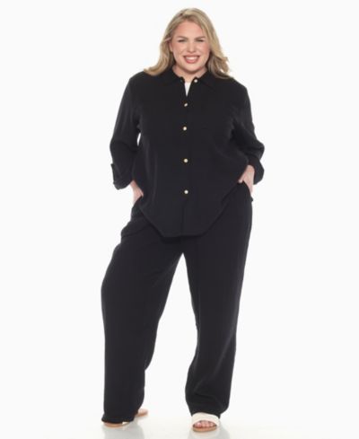 White Mark Plus Size Long Sleeve Button Down Cotton Gauze Set