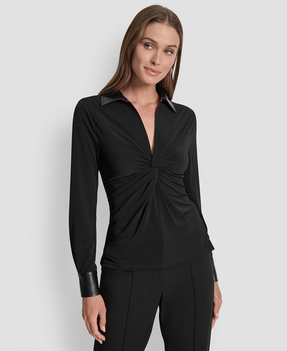DKNY Women's Twist-Front Contrast-Trim Top