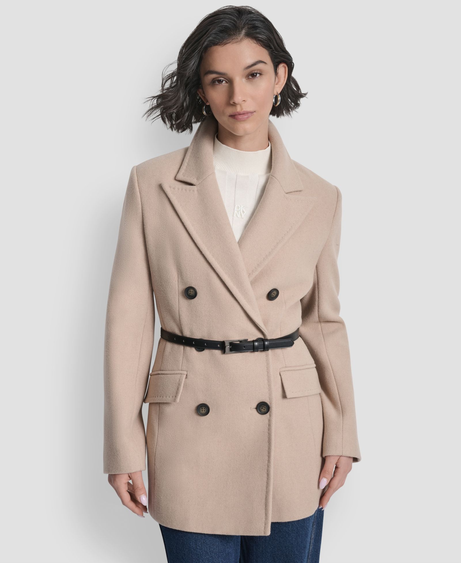 DKNY Women's Short Double-Breasted Belted Coat