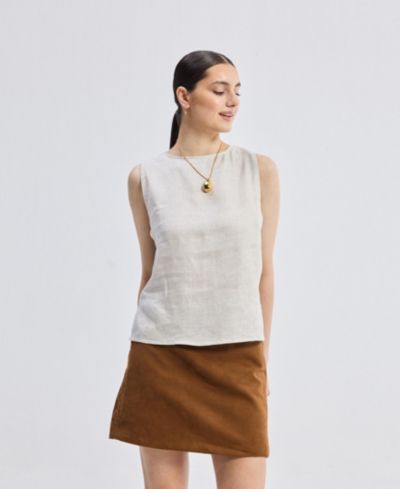 Reistor Women's Boat Neck Top in Checkered Linen