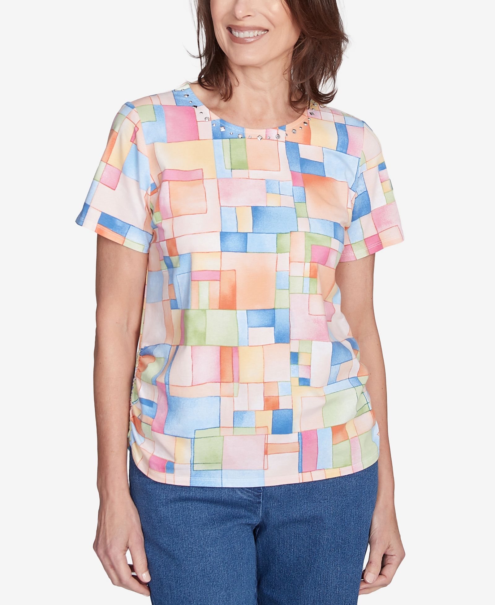 Alfred Dunner Petite  Color Block Tile Top with Side Ruching