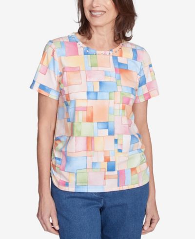 Alfred Dunner Petite  Color Block Tile Top with Side Ruching